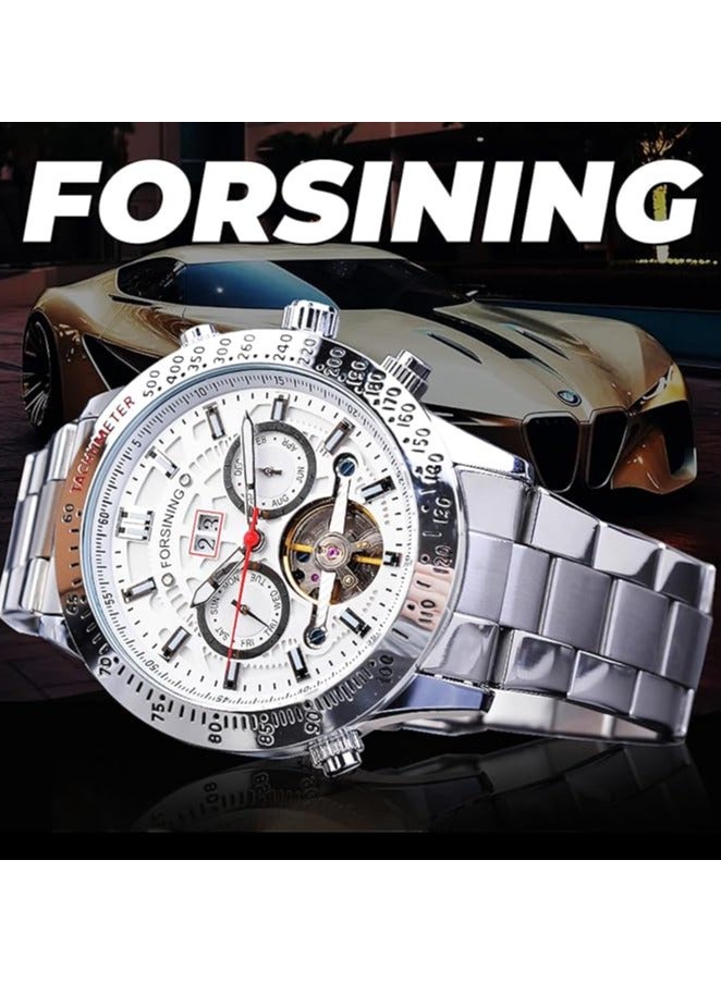 FORSINING Men Tourbillon Mechanical Self-Wind Watch, Day Date Month Full Calendar, Luminous Tachymeter Multifunctional Automatic Watches, Carved Big Dial Stainless Steel Band Wrist Watch - Image 5